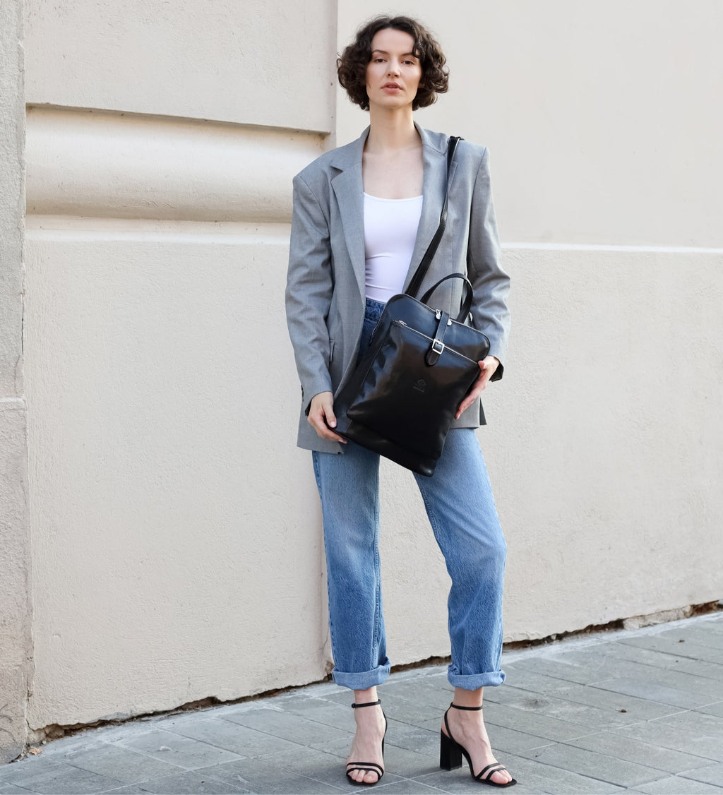 Women’s Leather Briefcase Laptop Bag (Black)