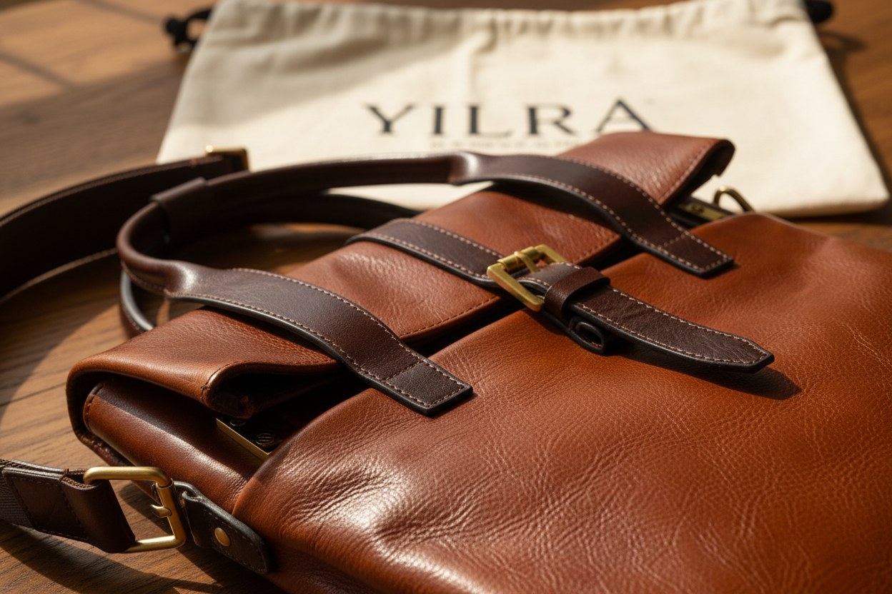 Yilra briefcase detail with dust bag